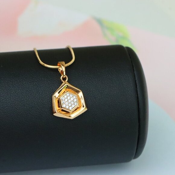 "Geometric Rose Gold Pendant with Crystal Hexagon, XPPT1575 - Picture 13 of 13